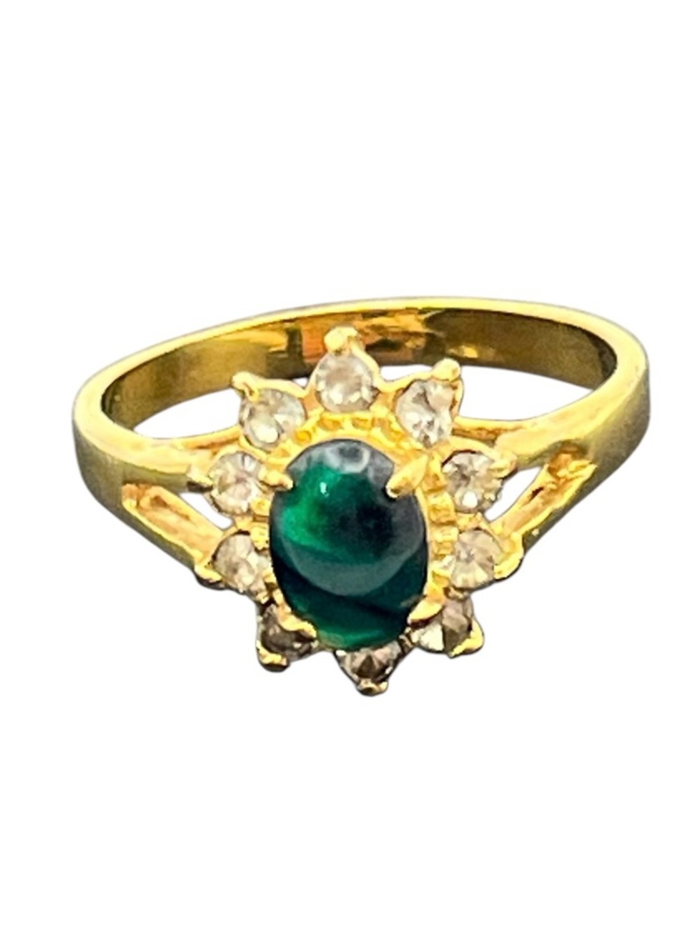 Costume jewelry green cabochon halo rhinestone gold tone ring size 6.5